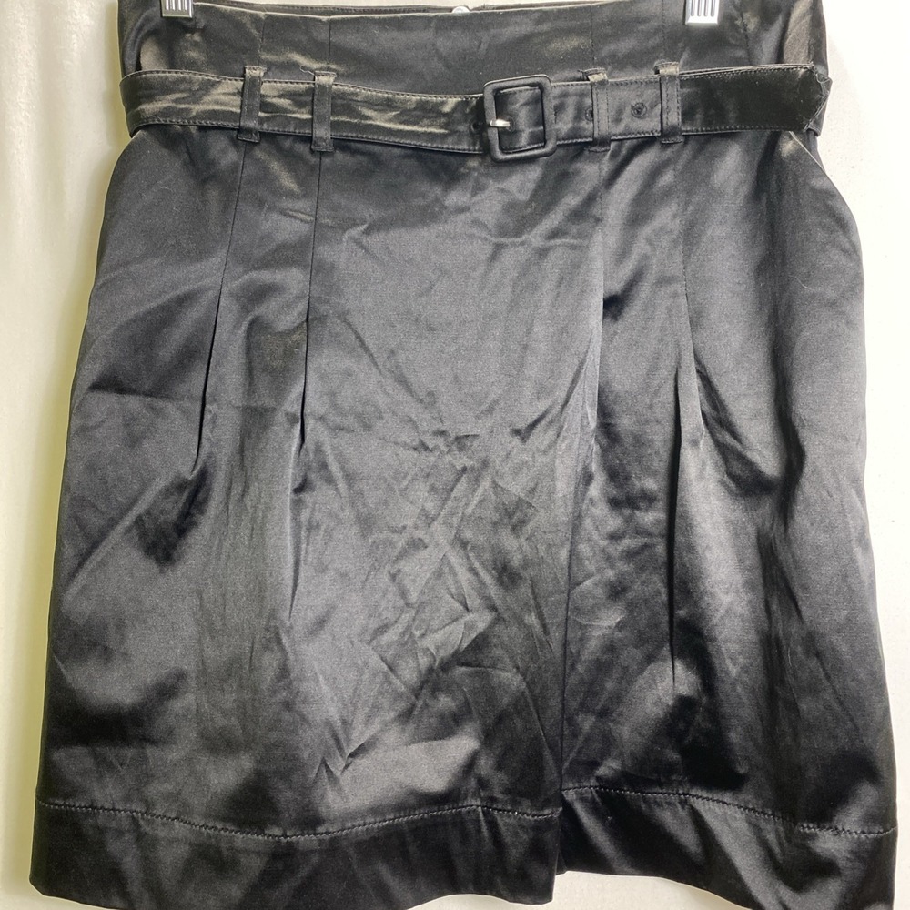 H&M Black Satin Belted Mini Skirt High Waisted Pleated Pocket Size 10